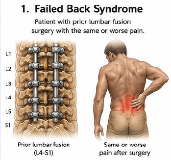 Diagram of failed back surgery syndrome: prior lumbar fusion (L4 to S1) with continued lower back pain.