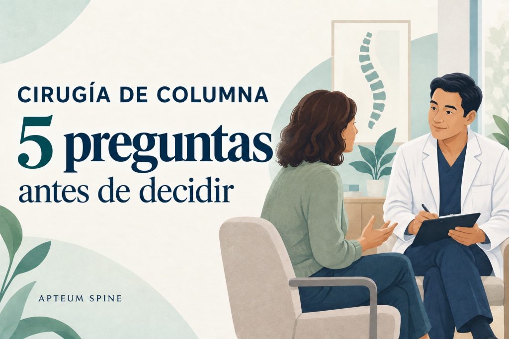 Ilustración de una paciente hablando con un médico: cirugía de columna, cinco preguntas antes de decidir.