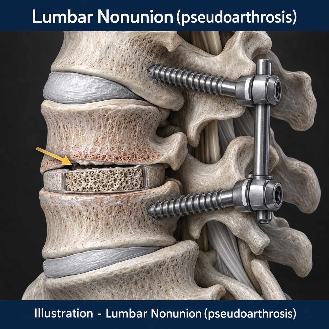 Illustration of lumbar nonunion or pseudarthrosis after fusion