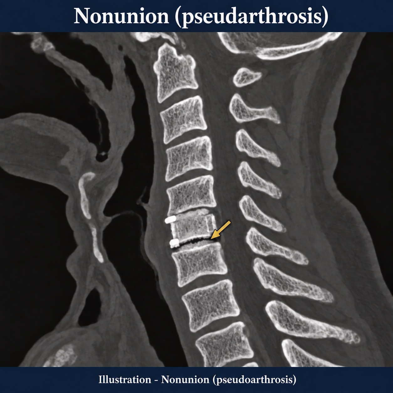 Illustration of cervical fusion nonunion, also called pseudoarthrosis