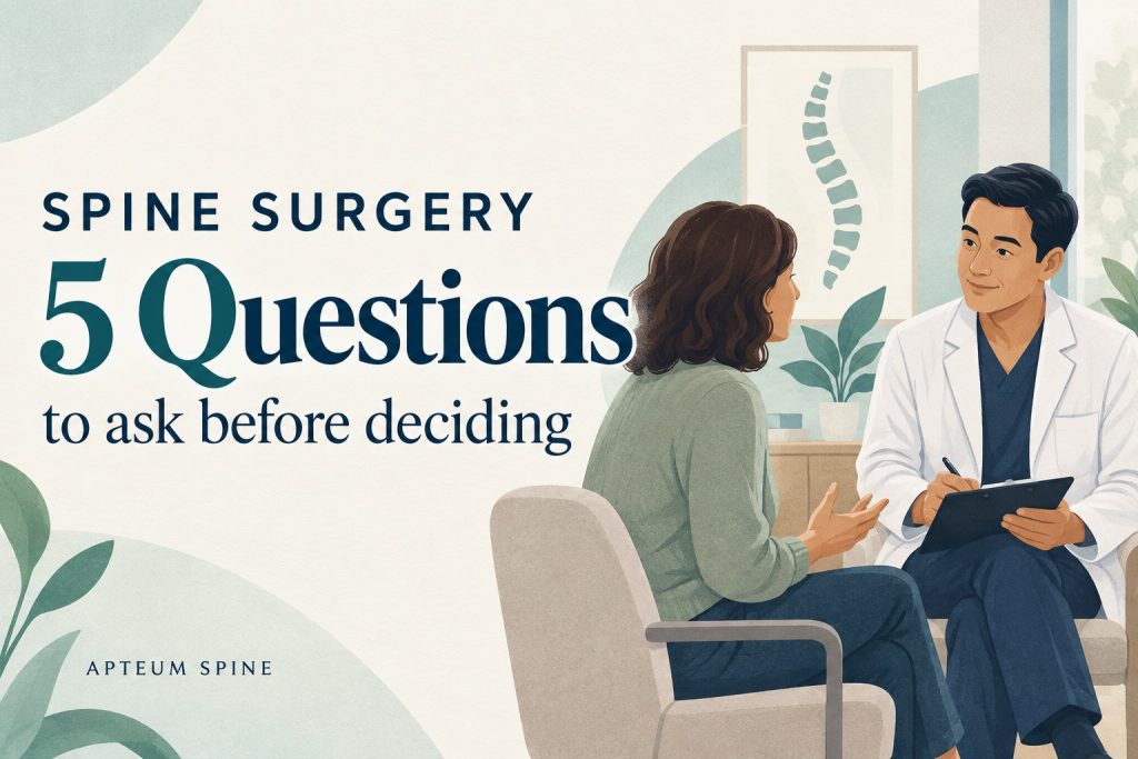 Illustration of a patient talking with a clinician: Spine surgery — 5 questions to ask before deciding.