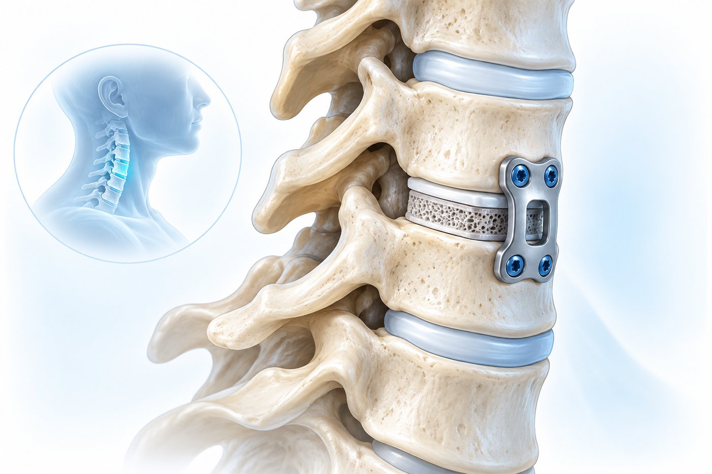 Educational illustration of a cervical interbody spacer and anterior plate at one treated neck level