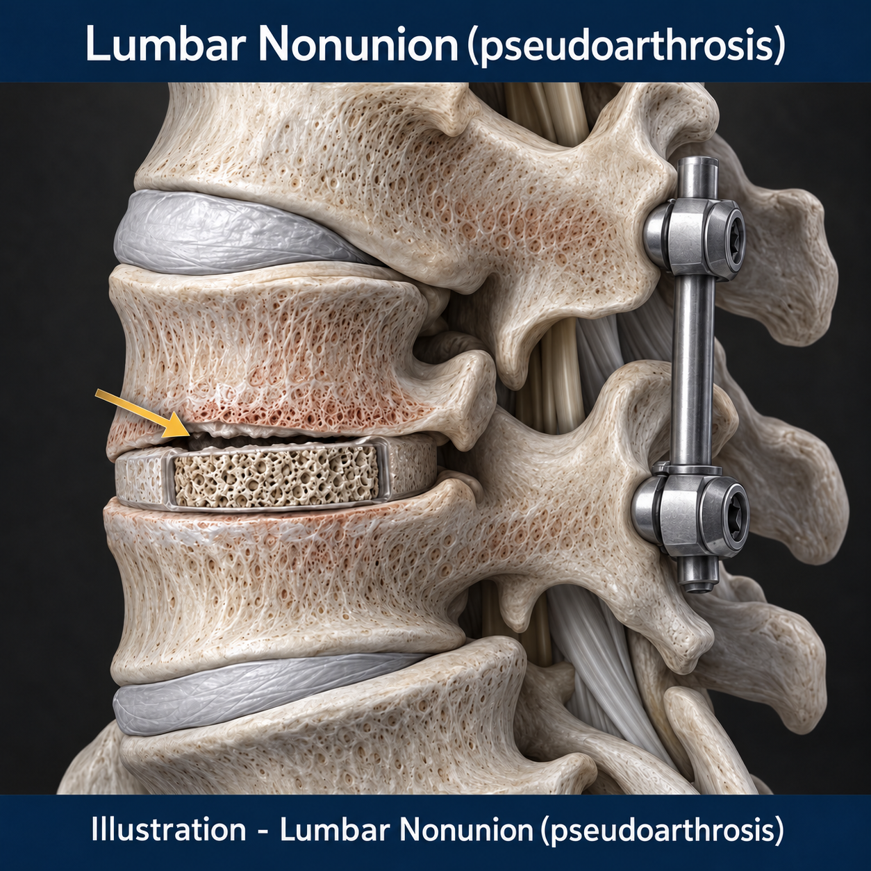 Illustration of lumbar fusion nonunion, also called pseudoarthrosis