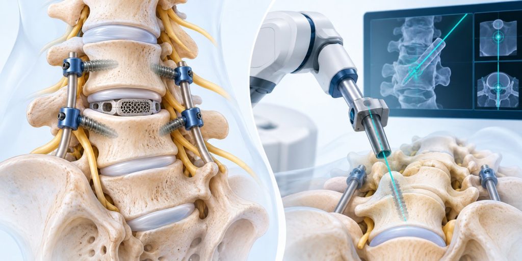 Educational illustration of lumbar interbody fusion with screw and rod fixation beside a conceptual robotic guidance system