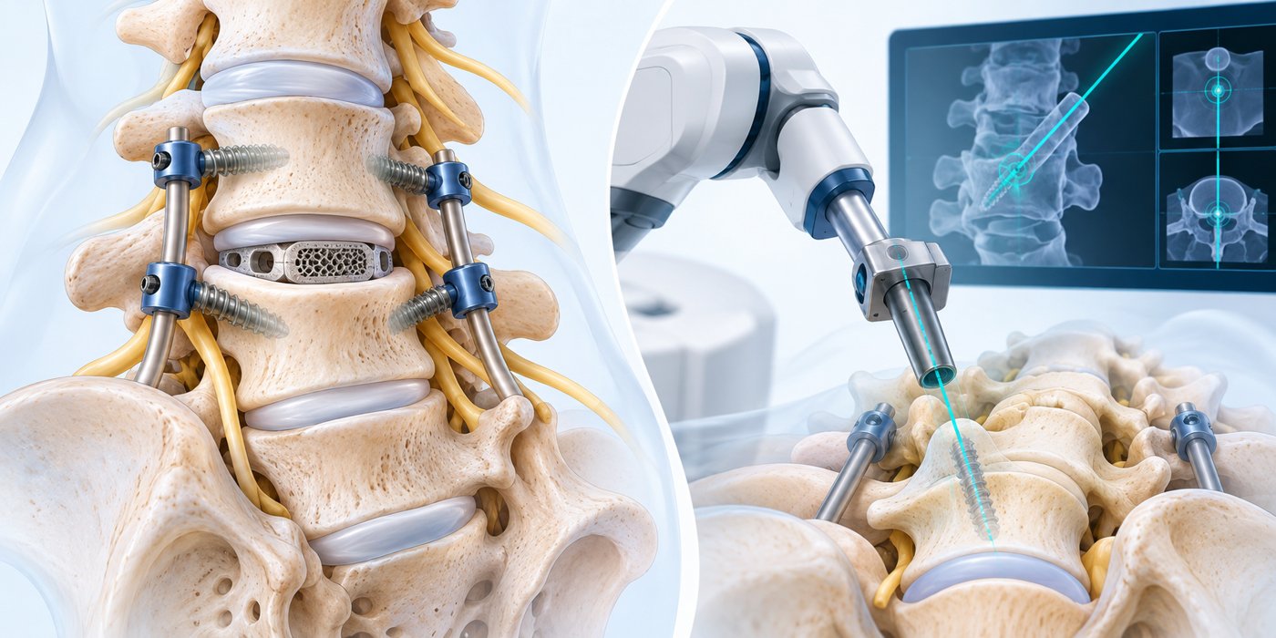 Educational illustration of lumbar interbody fusion and conceptual robotic trajectory guidance